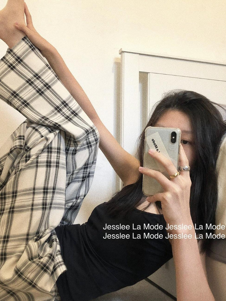 BXOXO Harajuku Plaid Pants Women Casual Wide Vintage Korean Style White Checked Trouser Thin Home Pants Chic Female Streetwear