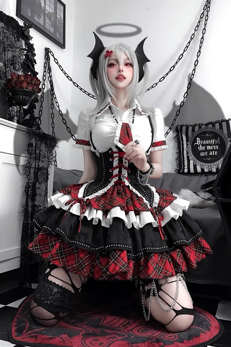 BXOXO Red/White/Black Multi-layer Ruffle Opera Rock Girl Gothic Lolita Strap Dress Set