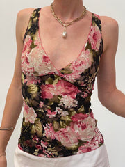 BXOXO - summer inspo Sweetown French Romantic Colorful Floral Print Lace Vest Sleeveless V Neck Slim Elegant Sexy Summer Vacation Boho Tank Top Women