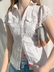 BXOXO - summer inspo Sweetown Single Breasted Puff Sleeve White Shirts For Women Button Turn Down Collar Pockets Simple Casual Safari Style Tops