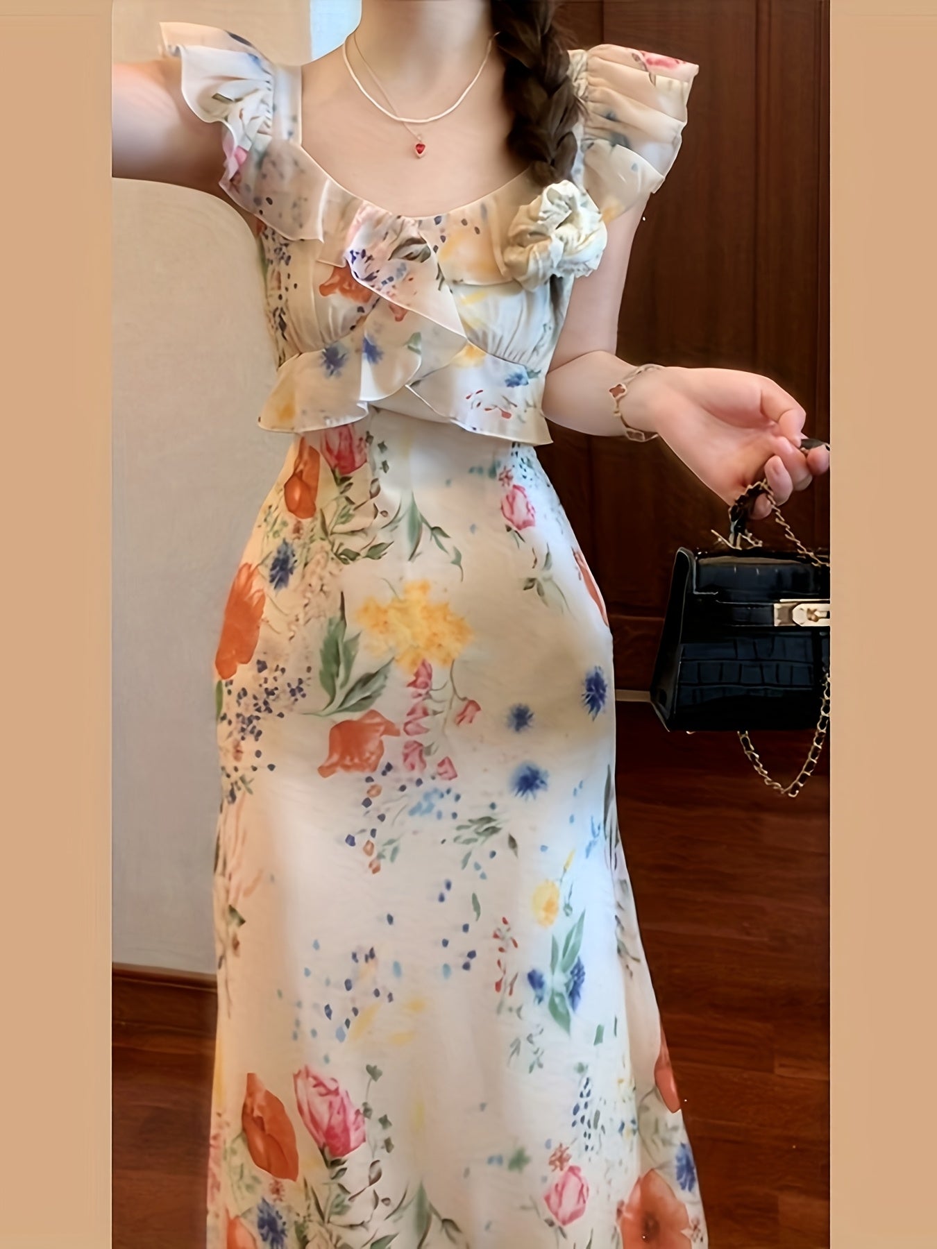 BXOXO Women's French-Inspired Summer Dress with Puff Sleeves & Ruffled Neckline - Vibrant Floral Print Pencil Skirt, Fitted Waist, Machine Washable Elegant Party & Casual Outfit, Summer Party Dress | Frenchinspired Fashion |
