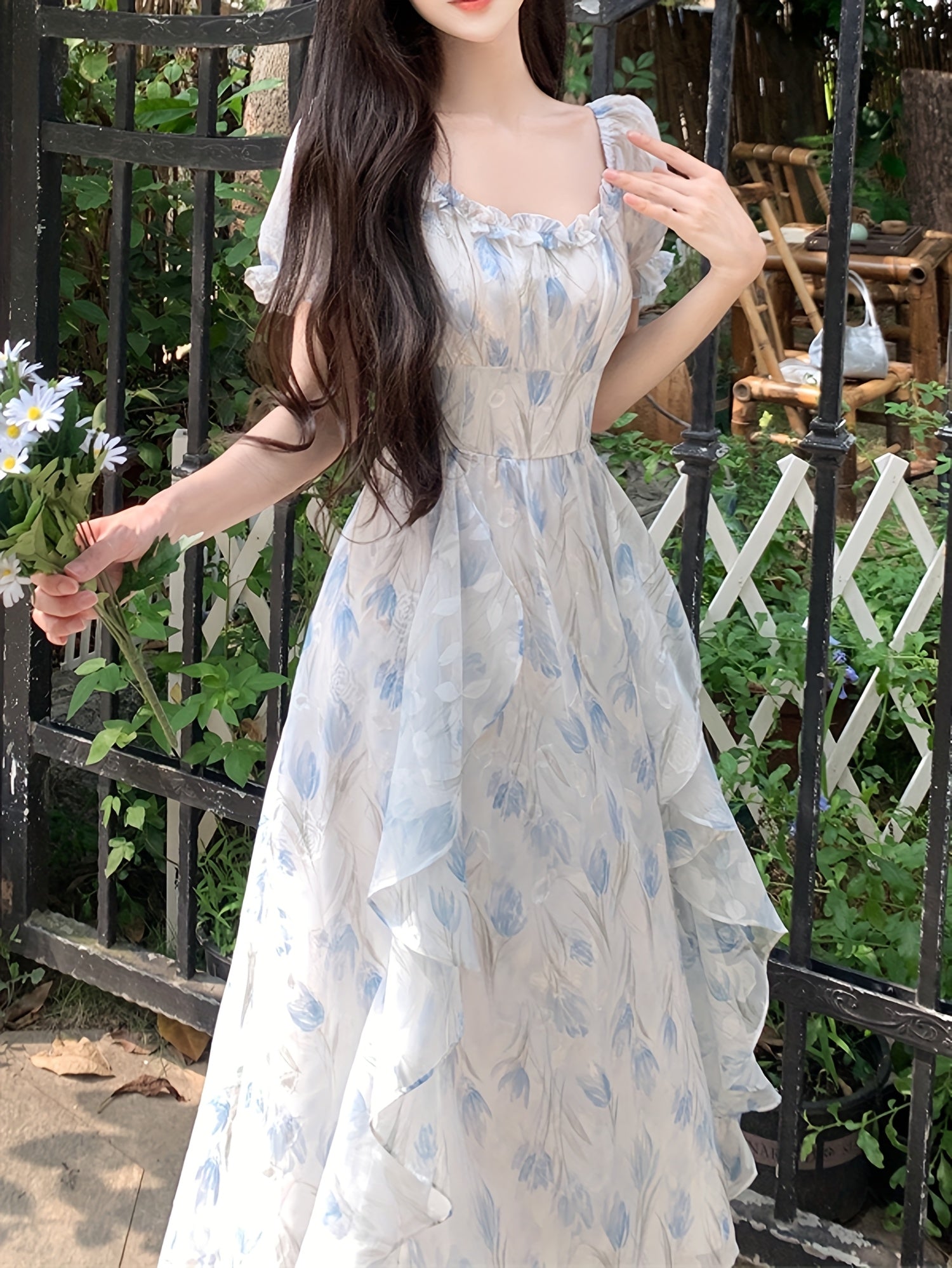 BXOXO Polyester Casual Square Neck Puff Sleeve Short Floral Midi Trapeze Fit and Flare Shirred A-Line Dress, No Belt, No Padding, H Contour, Regular Fit, Woven, 100% Polyester Lining, 90g/㎡ Fabric Weight, 56g/㎡ Lining Wei