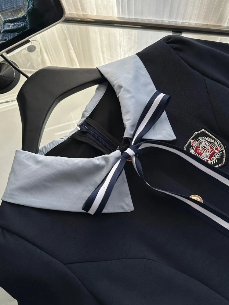 BXOXO Spring Japanes Kawaii College Style Splicing Short Dress Woman Sweet Bow Peter Pan Collar Dress Female Vintage 2000s Clothes Y2k