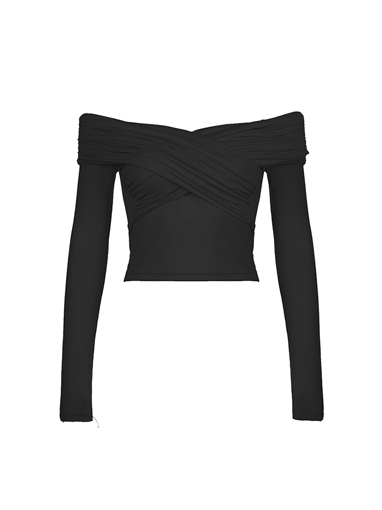 BXOXO - summer inspo Black Solid Off Shoulder Cross Elegant Sexy Slim Long Sleeve T-Shirt Women White Basic Cropped Tee