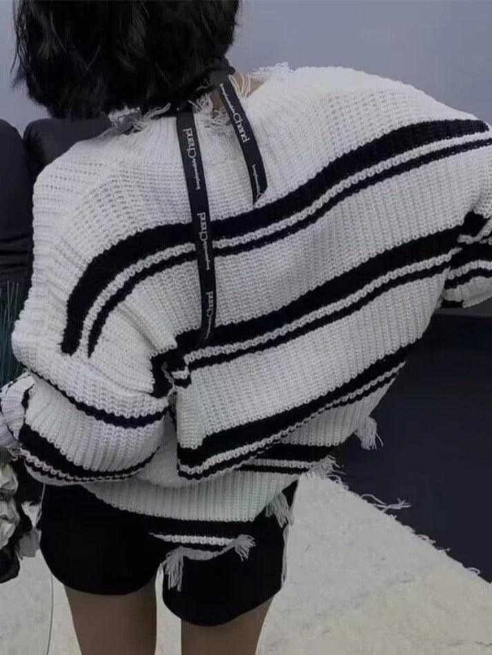 Striped V Neck Frayed Tassel Knit Sweater