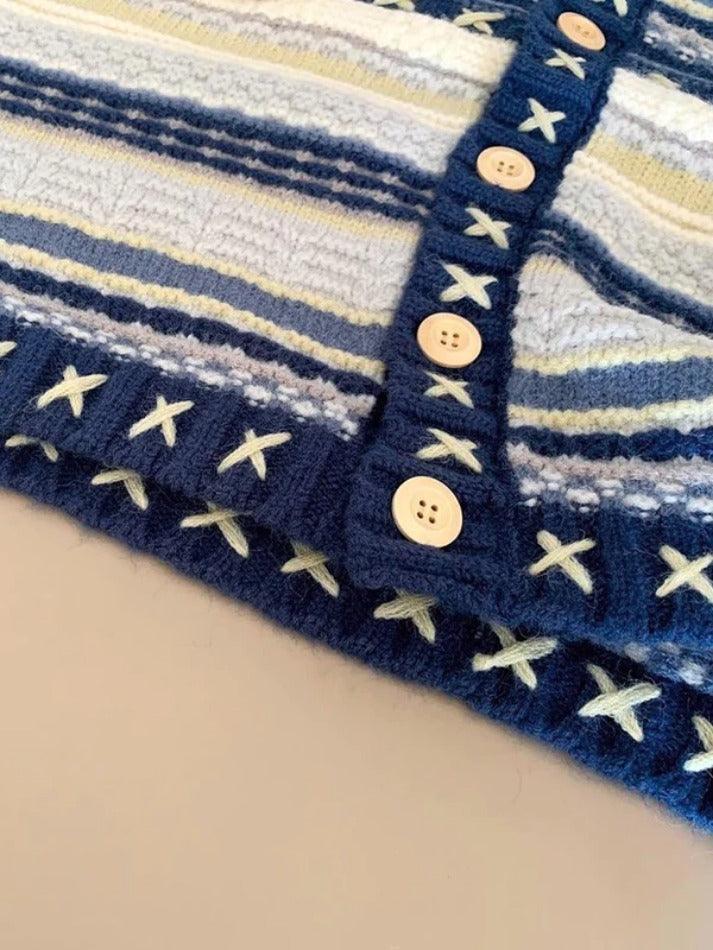 Stripe Splice Crochet Detail Knit Cardigan