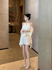 BXOXO [Elegant Off-Shoulder Dress] Elegant Off-Shoulder Ruffle Dress - Semi-Sheer, High Waist, Pleated Skirt, Polyester - Spring/Fall Fashion, Princess Sleeve