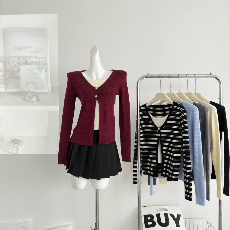 BXOXO - summer inspo Autumn Fake Two-Piece Sweater Women Solid Color Knitted Top Long-Sleeved Pullover Fashion Casual Versatile Slim Fit Female Tops