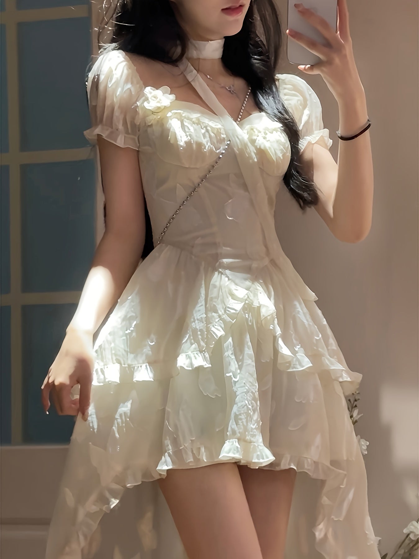 BXOXO [Polyester French Princess Dress] Sexy French Princess Style Polyester Dress - Elegant Asymmetrical Long Dress with Geometric Pattern, Lantern Short Sleeves, and Cardigan Collar for Women - Summer Irregular Hem