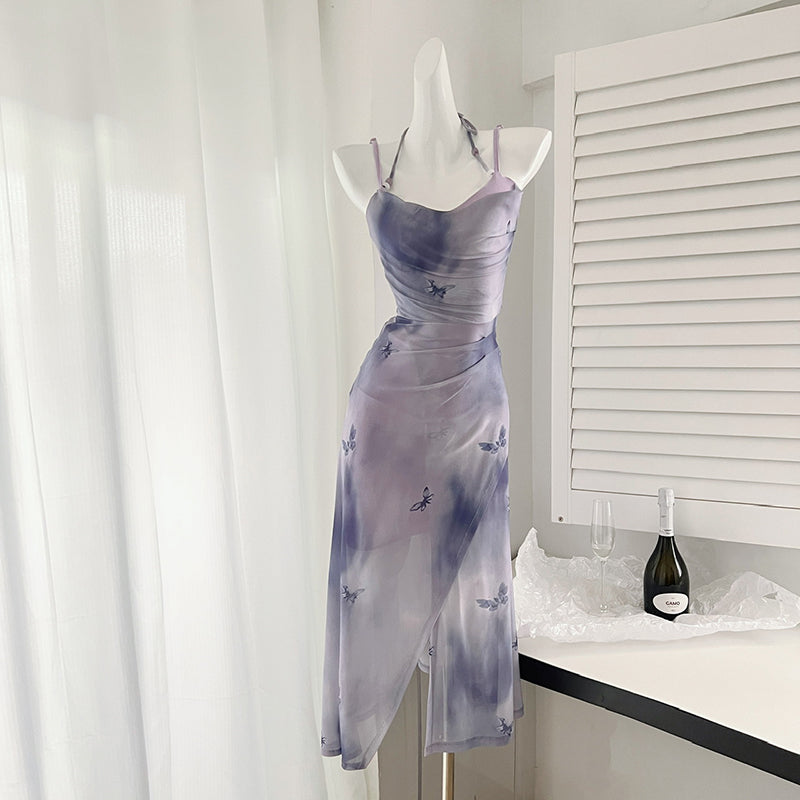 BXOXO - summer inspo 2025 Summer Butterfly Print Strap Dress Women Elegant Sleeveless Evening Party Midi Dresses Korean Off Shoulder Dress