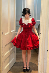 BXOXO - Wine Red Annie's Gift Short Sleeves Bowknot Short Version Sweet Lolita Dress (Plus Size Support)