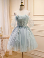BXOXO Puffy Tulle Off Shoulder Green Short Prom Dress, Green Homecoming Dresses