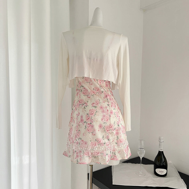 BXOXO - summer inspo Sweet Style Two Piece Set Women New Casual Cardigan +Cute Mini Dress Female Floral Print Casual Floral Dress Suit