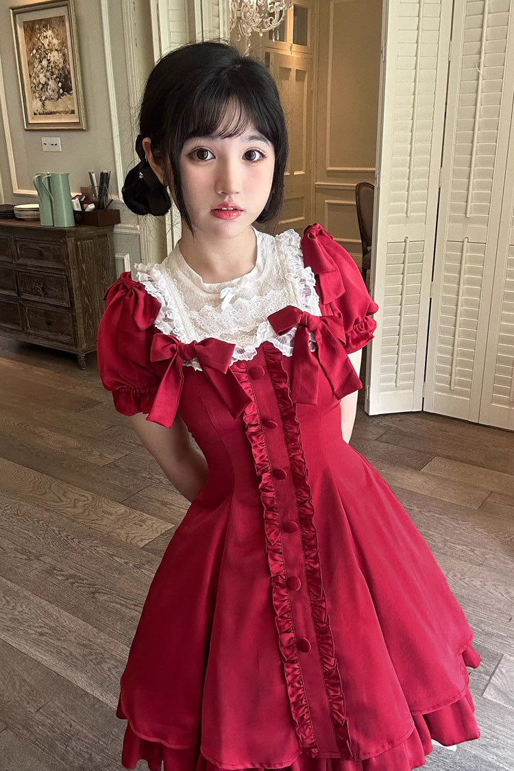 BXOXO - Wine Red Annie's Gift Short Sleeves Bowknot Short Version Sweet Lolita Dress (Plus Size Support)