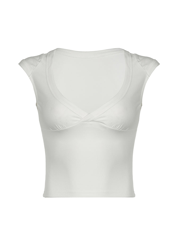 BXOXO - summer inspo Sweetown White Solid Basic Slim Low Bust V Neck Crop Tees Women Black Simple Fashion Short Sleeve Summer T Shirt