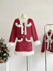 BXOXO Autumn Winter Warm 2 Piece Set Women Furry Bow Single Breasted Top+Design Bodycon Mini Skirts Christmas Style Chic Festival Suit