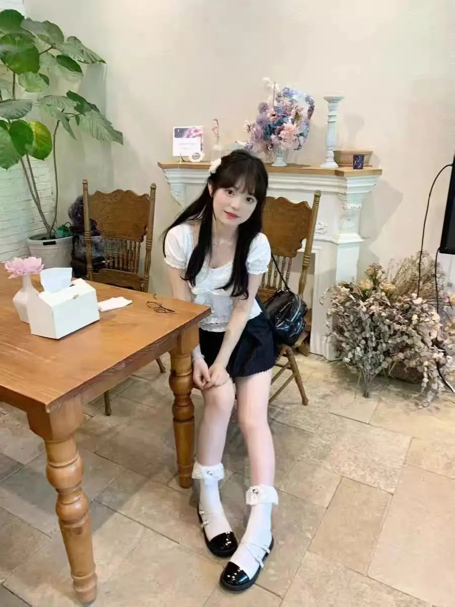 BXOXO Y2k Top Lace White Slim Kawaii Cute Women Clothes T shirt Suit Harajuku Sexy Sweet Girl Japanese Grunge Crop Top 2000s Tshirts