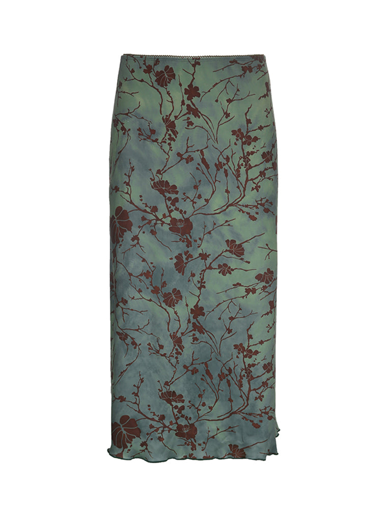 BXOXO - summer inspo Retro Green Floral Print Y2K Long Skirts For Women Vintage Aesthetic Frills Hem Cute Preppy Outfits