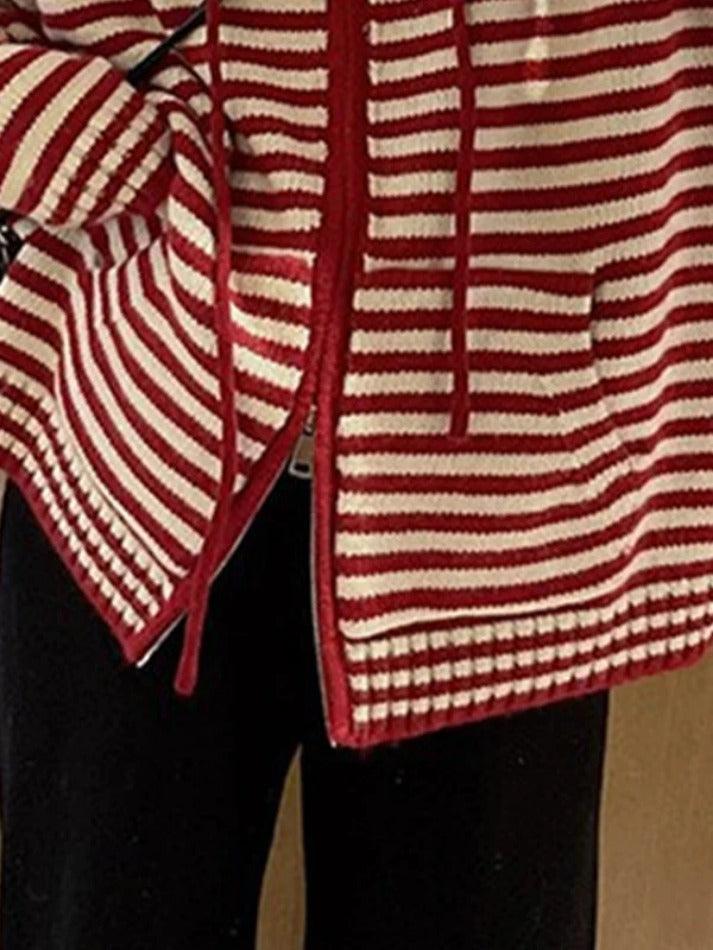 Striped Hooded Double Zip Knit Cardigan