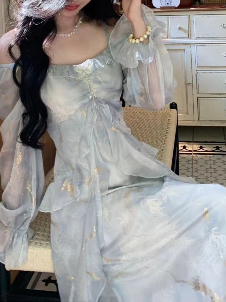 BXOXO party look inspos Autumn French Print Fairy Midi Dresses for Women Elegant Ruffles A-Line Birthday Party Dress Female One Piece Clothes Fashion