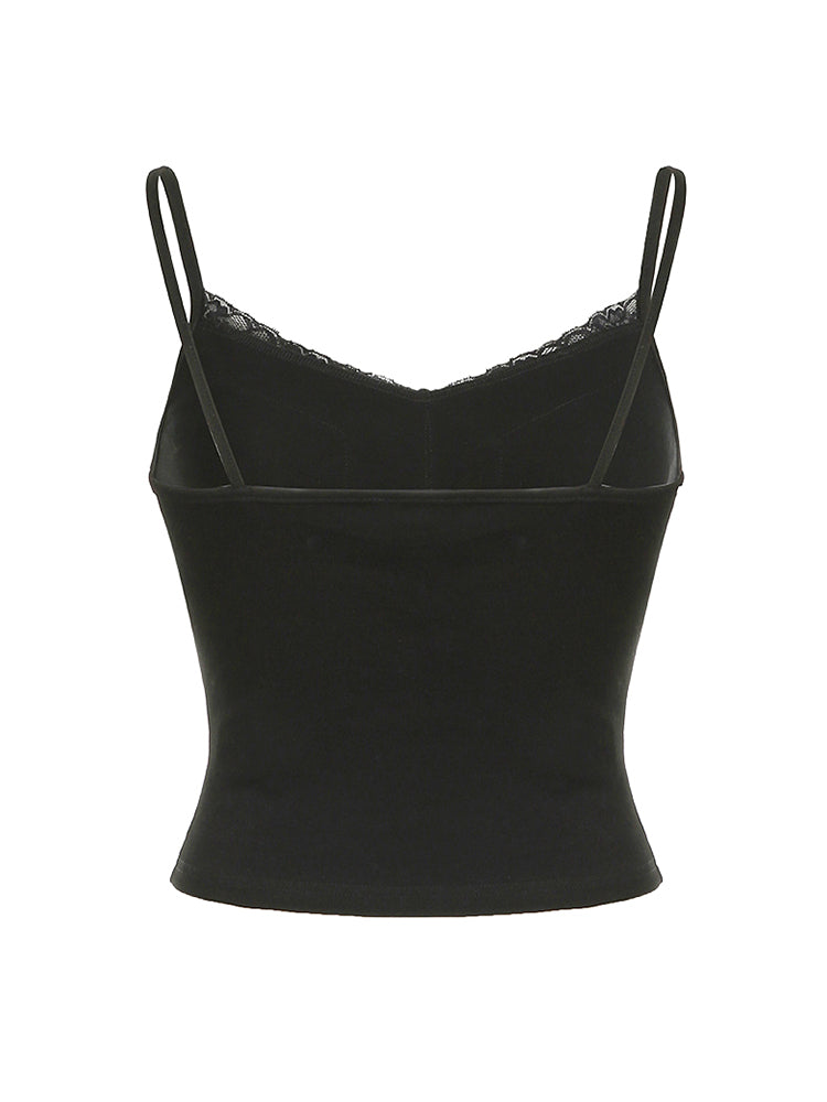 BXOXO - summer inspo Sweetown Black Solid Lace Patchwork Slim V Neck Basic Cute Camisole Women White Y2K Crop Top