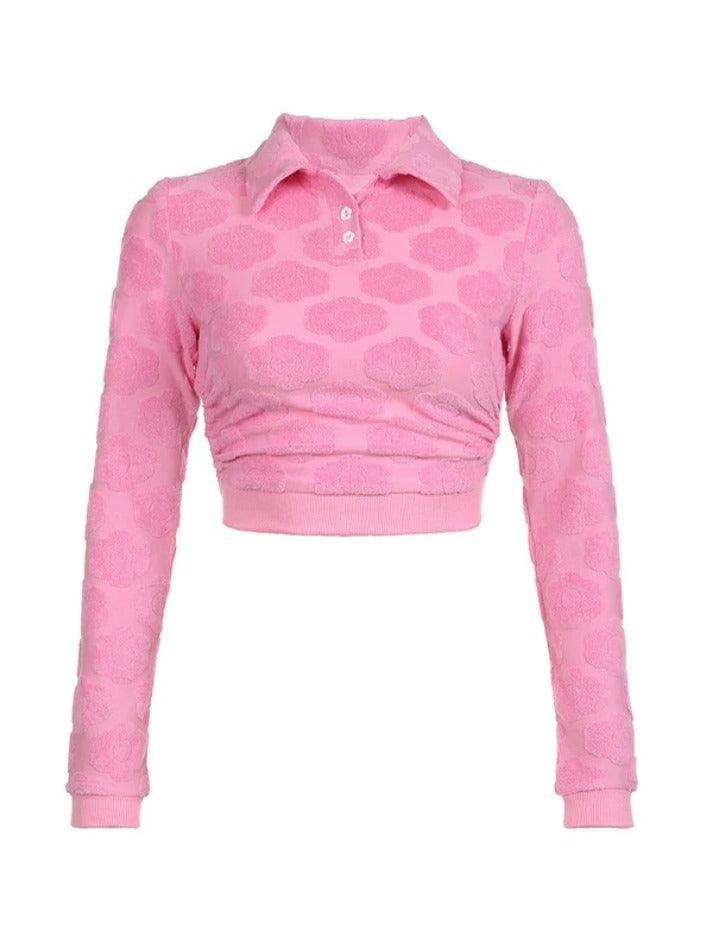 Velvet Floral Print Backless Lacing Crop Long Sleeve Tee