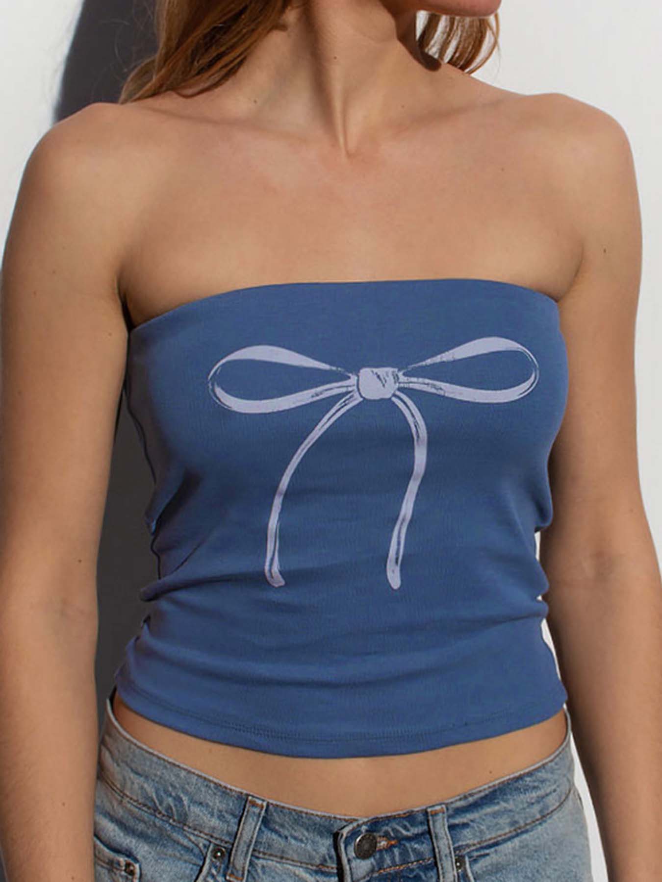 BXOXO - summer inspo Bow Print Cute Y2K Strapless Tube Top Women 2000s Kawaii Crop Top Summer Streetwear