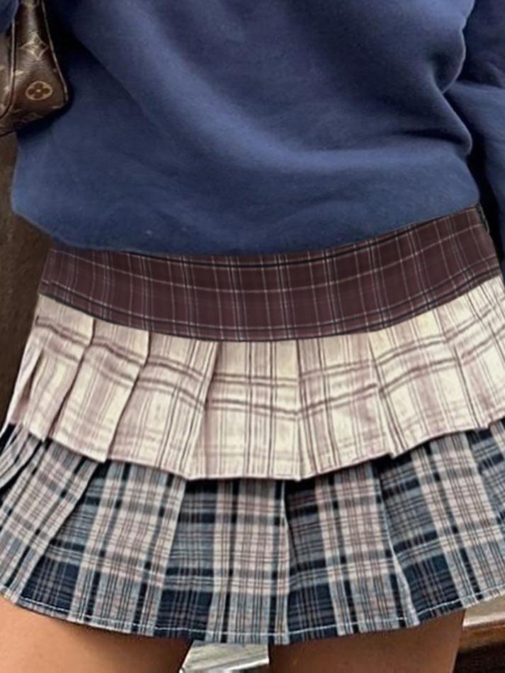BXOXO - Vintage Contrast Plaid Double-Layer Pleated Skirt