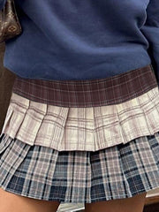 BXOXO - Vintage Contrast Plaid Double-Layer Pleated Skirt