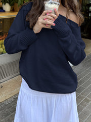 BXOXO - summer inspo Dark Blue Solid Minimalist Style Autumn Winter Sweaters Women White Simple Basic Casual Loose Knitted Pullover Jumpers