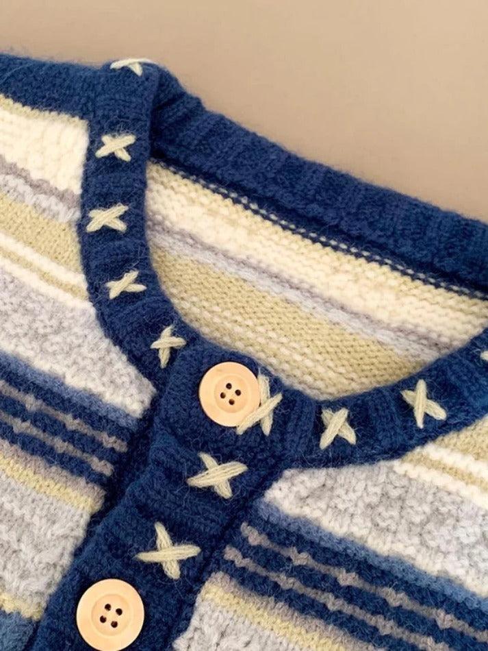 Stripe Splice Crochet Detail Knit Cardigan