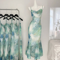 BXOXO - summer inspo Fashion Tie Dyed Printed Suspender Dress for Women Spring Summer Swing Collar Mermaid Dress Vintage Wrapped Fishtail Long Dress