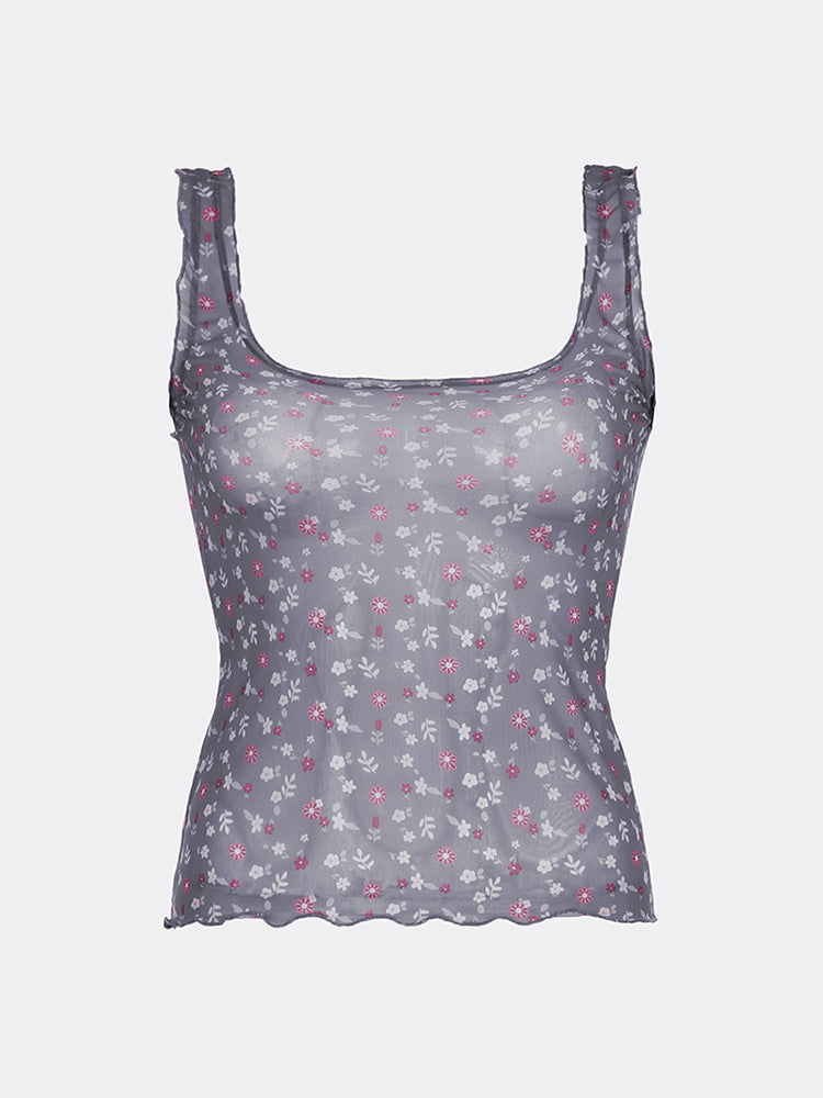 BXOXO - summer inspo Floral Print Frills Mesh Crop Top Women Sweet Summer Tank Vest Camisole Korean Fashion