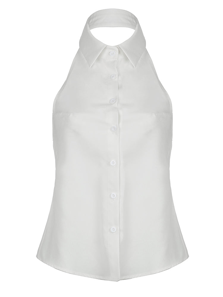 BXOXO - summer inspo Sweetown Sleeveless Backless Tie Bow Shirts For Women Single Breasted Turn Down V Neck Sexy Halter Tops Solid Summer Vacation