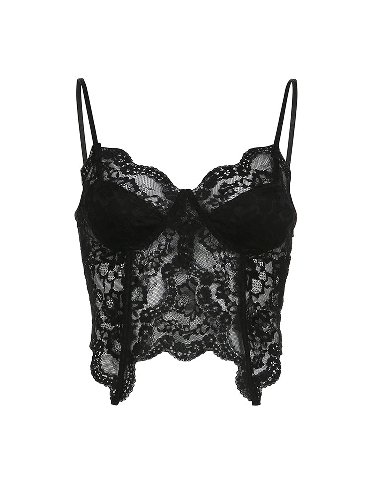 BXOXO - summer inspo Black See Through Sexy Asymmetrical Goth Lace Camisole Women Rave Baddie Outfits Crop Top