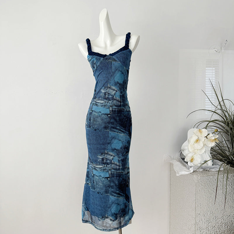 BXOXO - summer inspo Summer New Patchwork Dress Women Suspender Dresses American Retro Slim Fit Long Dress Street Style Spicy Girl Wrapped Hip Skirt