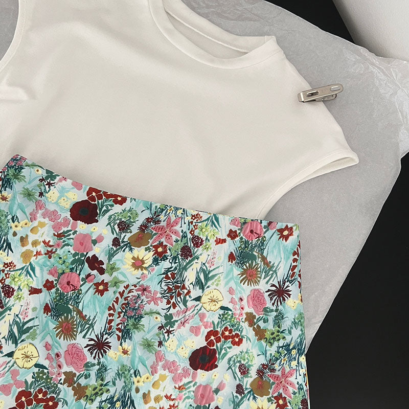 BXOXO - summer inspo Fashion Casual Solid Color Round Neck T-shirt Women Summer New Slim Fit Top Jacquard Skirt Two-piece Set