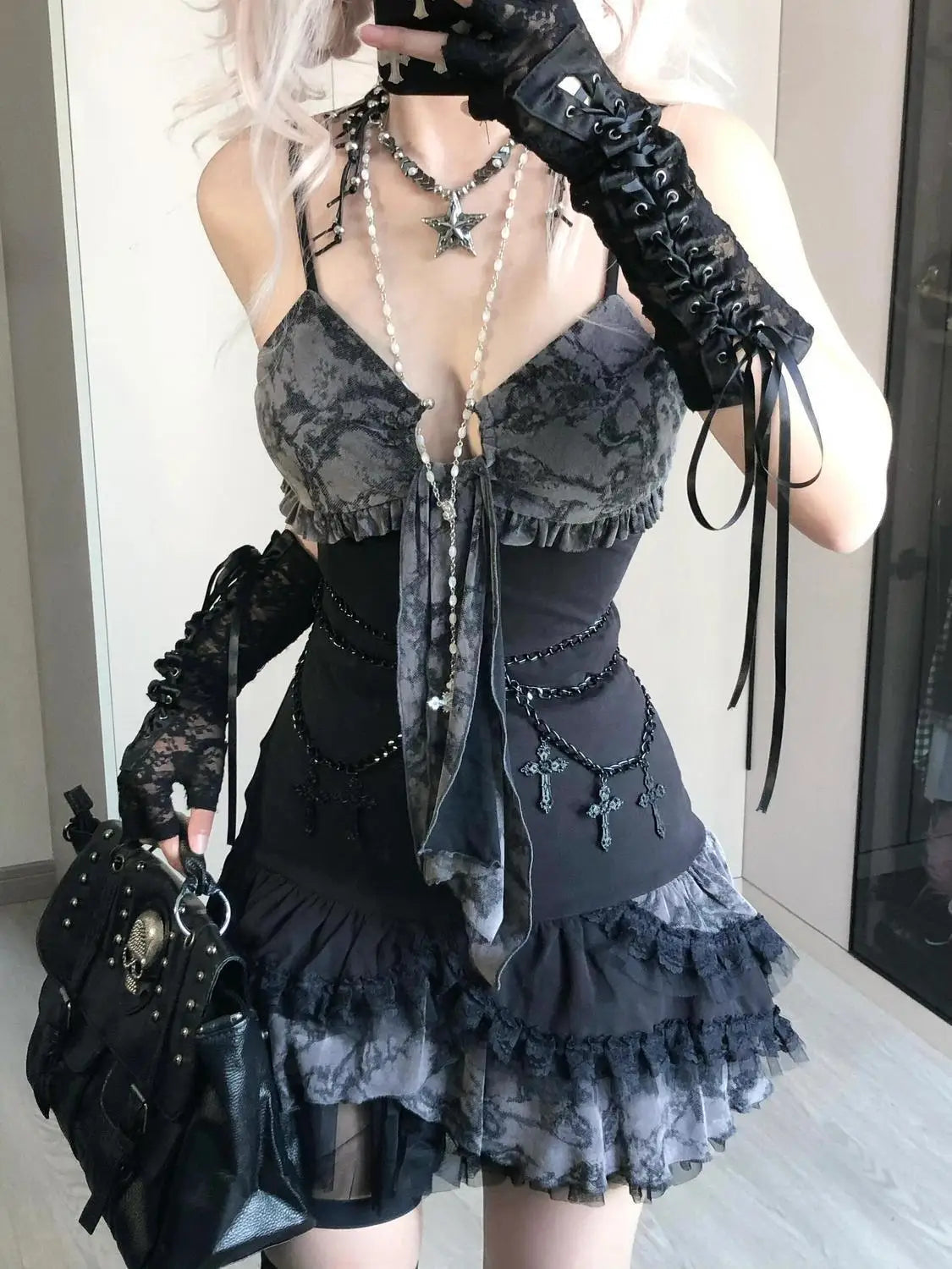 BXOXO Goth Summer Sexy Dress Women Clothes Punk Streetwear Lace Sling Black Dark Slim short Dresses Hot Girl High Waist Y2k Mini Dress