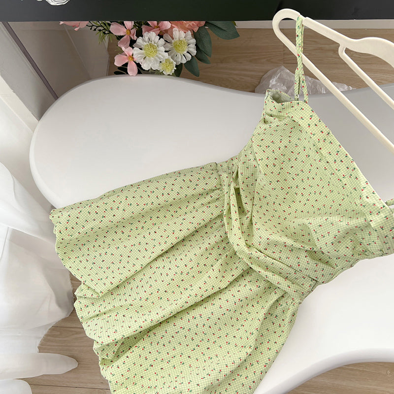 BXOXO - summer inspo Sexy Green Floral Dress Party Vacation Basic Daily Mini Dress Causual Korean Fashion Sling Dress Summer Women Clothes