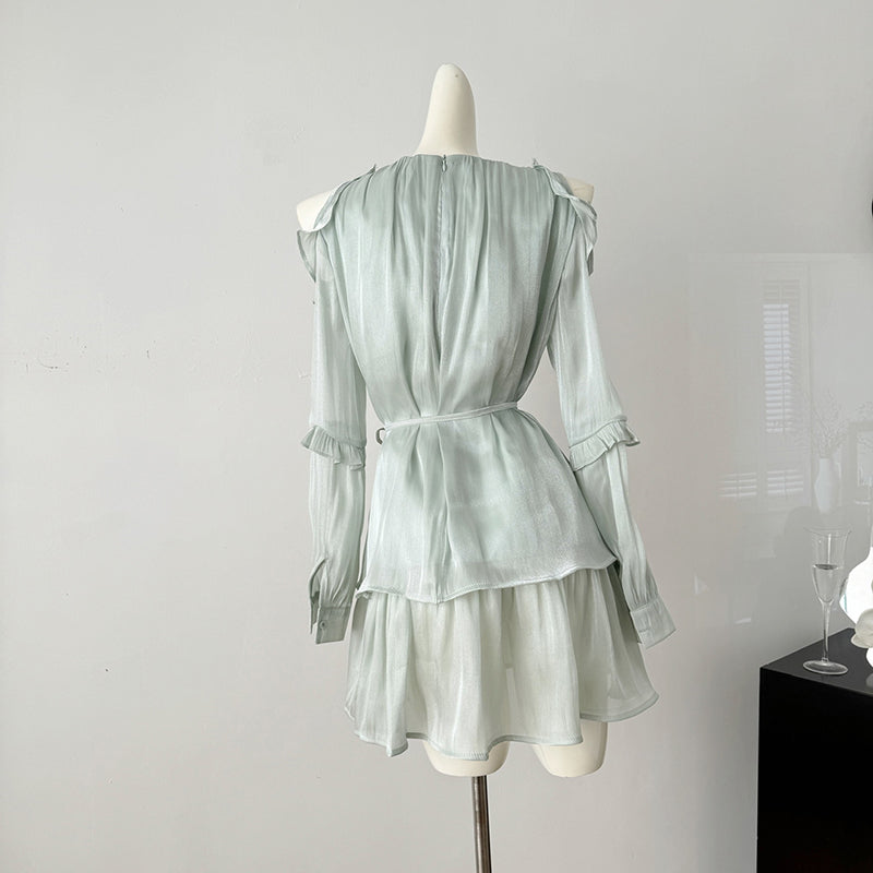 BXOXO - summer inspo Korean Style Off-the-shoulder Halter Neck Sensibility Dress Elegant Sweet Long Sleeve Mini Dress Beach Vacation
