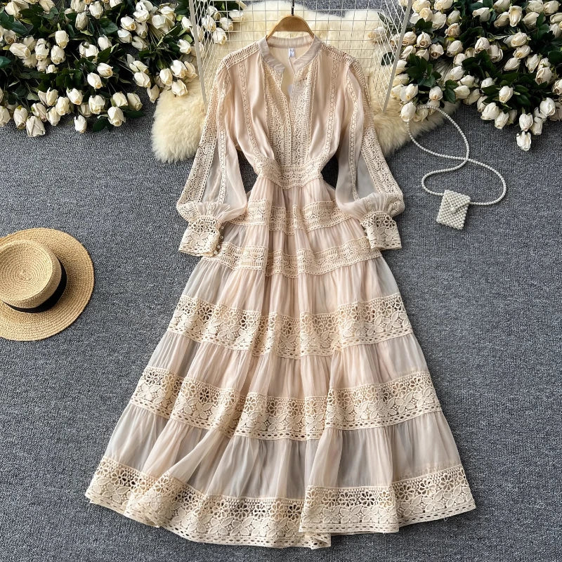 BXOXO Autumn Frence Elegant Embroidery Dress Women Chic Splice V Neck Long Sleeve Clothes New Aesthetic Evening Party Retro Dresses