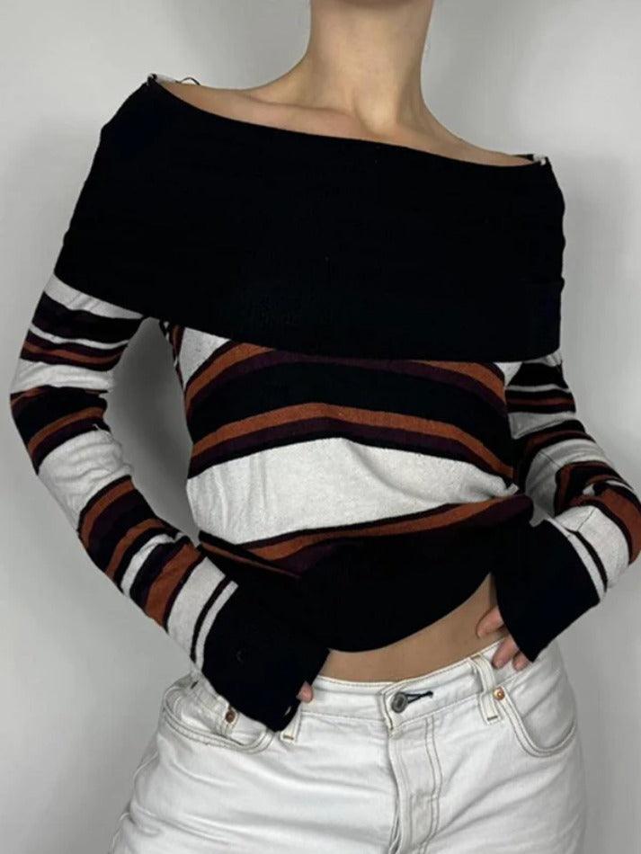 BXOXO - Off Shoulder Striped Print Sweaters