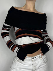 BXOXO - Off Shoulder Striped Print Sweaters