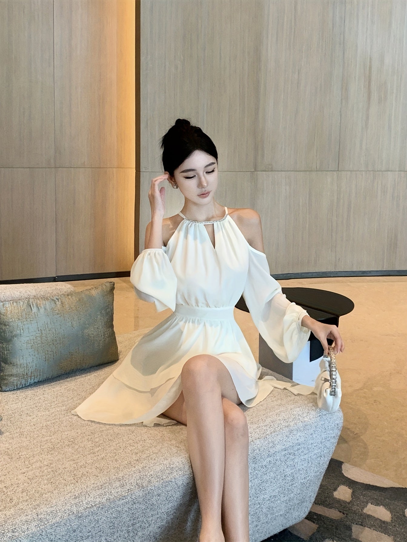 BXOXO [Elegant Off-Shoulder Dress] Elegant Off-Shoulder Ruffle Dress - Semi-Sheer, High Waist, Pleated Skirt, Polyester - Spring/Fall Fashion, Princess Sleeve