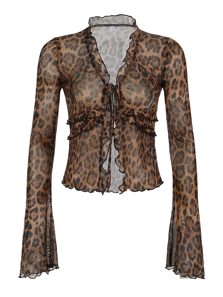 BXOXO - summer inspo Leopard Print Lace-Up Blouse Shirts Women Semi-Sheer Mesh Elegant Fashion Sexy Flared Sleeve Ruffled Cardigan Tops