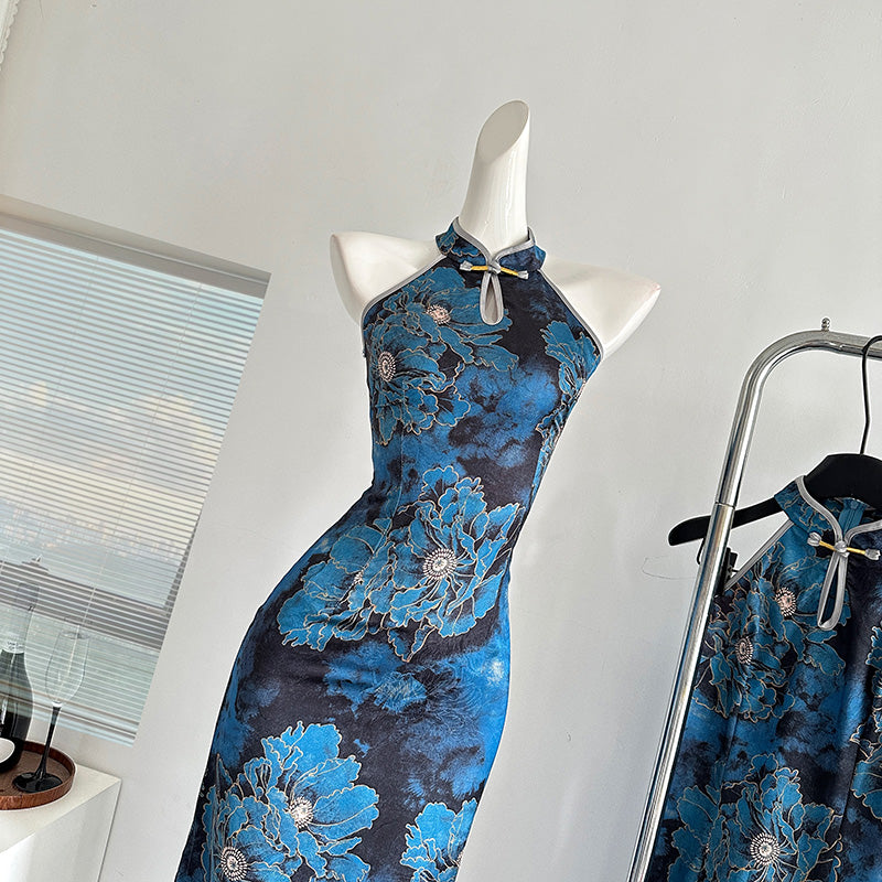 BXOXO - summer inspo New Chinese Style Improved Costume Elegant Cheongsam Jacquard Qipao Women Vintage Halter Sleeveless Slim Fit Dress