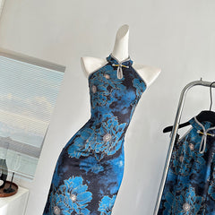 BXOXO - summer inspo New Chinese Style Improved Costume Elegant Cheongsam Jacquard Qipao Women Vintage Halter Sleeveless Slim Fit Dress