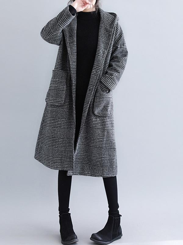 BXOXO Loose Plaid Woolen Hood Coat