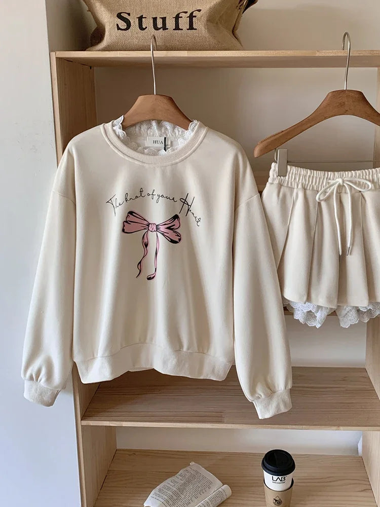 BXOXO Autumn Winter Women Korean Girl Y2k Ballet Core Outfits 2 Piece Set Long Sleeve Sweatshirts + Mini Pleated Lace Patchwork Skirts