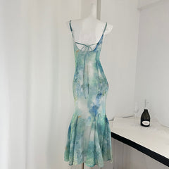 BXOXO - summer inspo Fashion Tie Dyed Printed Suspender Dress for Women Spring Summer Swing Collar Mermaid Dress Vintage Wrapped Fishtail Long Dress